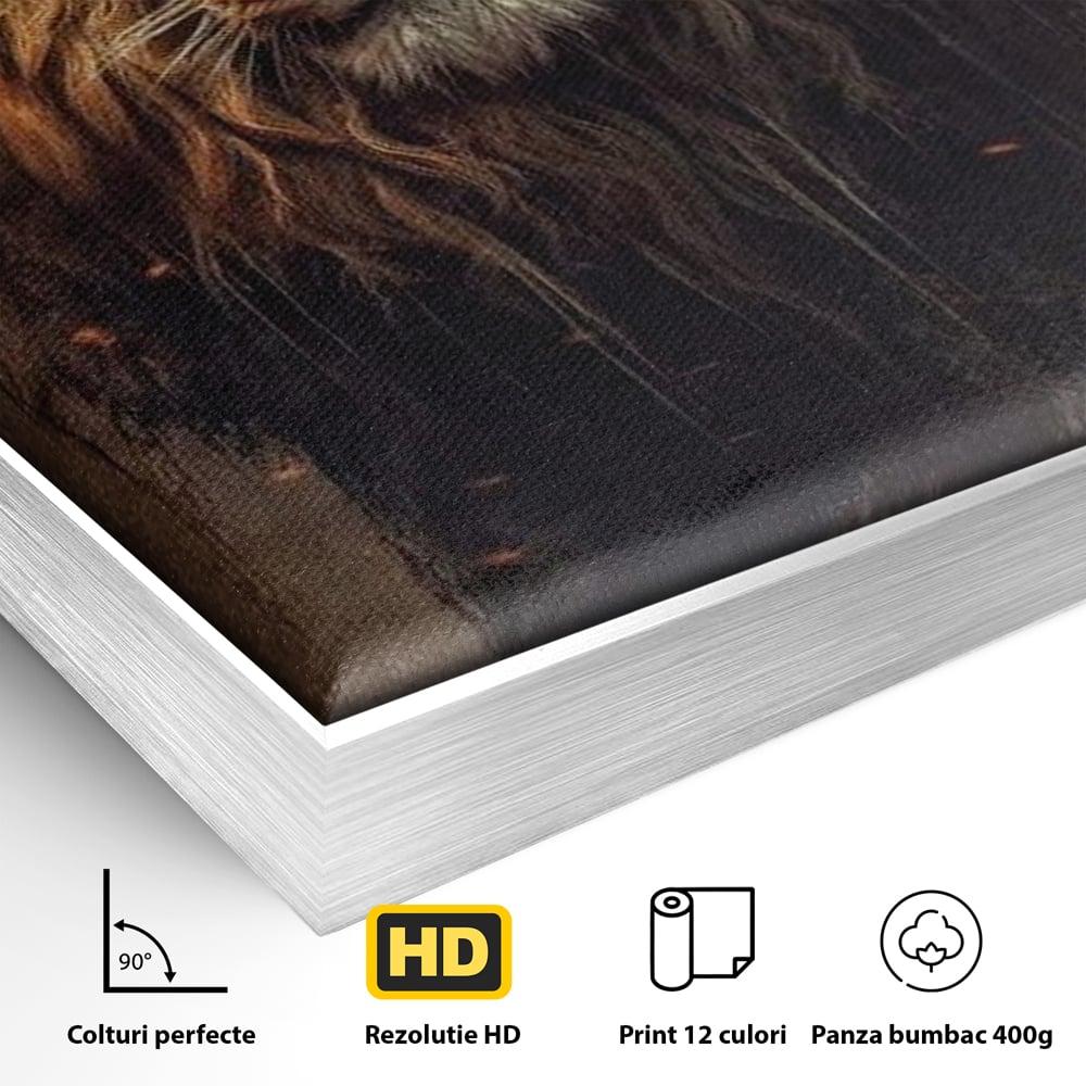 Detaliu al suprafetei: tablou canvas cu portret de leu, in rama de aluminiu argintiu